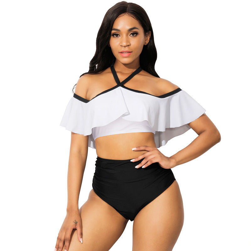 Venta al por mayor Traje de baño de dos piezas Cintura alta Fruncido Traje de baño sexy Poliéster